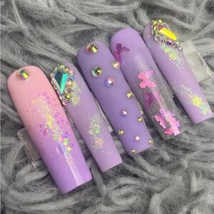 Extra long square purple press on nails rhinestones glitter butterflies ombré